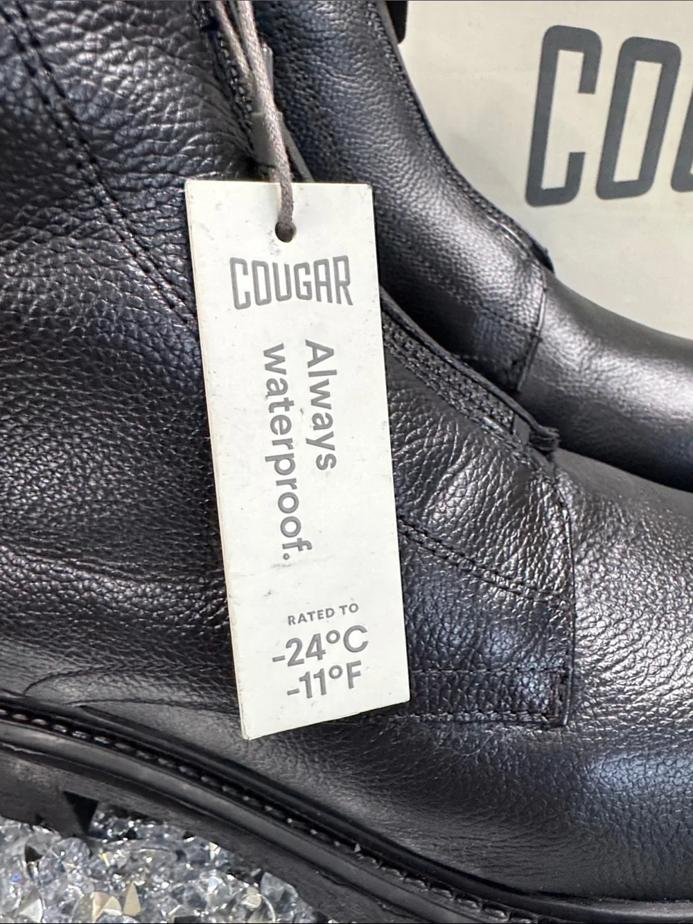 Cougar Vow Black Waterproof Leather Winter Ankle Boots with Shearling Cuff NEW
